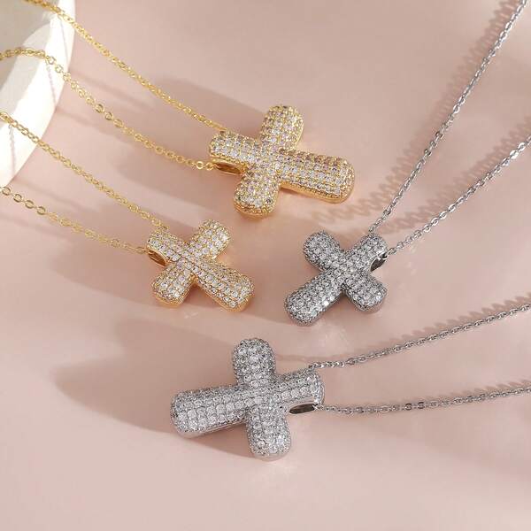 1 Pc Luxury Simple Cubic Zirconia Bubble Cross Necklace, Exquisite Gold Cross Necklace Clavicle Chain, Suitable For Women/Girls Daily Wear