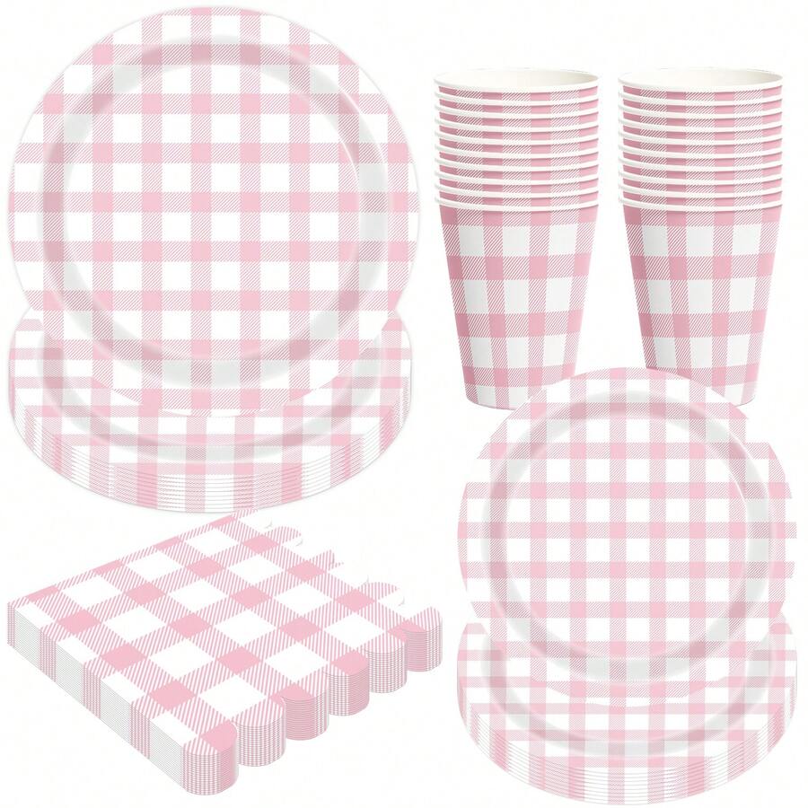 Light Blue And White Gingham Party Supplies Paper Plate Cup Napkin For Checkered Plaid Picnic Barbecue Birthday Disposable Dinnerware Serves 10 - Pink Plaid Tableware Set - View 1