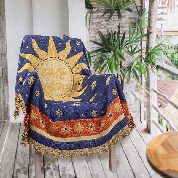 Hippie Throw Blanket Sun Moon Stars Boho Throw Blankets Celestial Tapestry Double-Sided Reversible Woven Cotton Home Decor Bedding Chair Couch Recliner Cover Oversized Tassels Astrology 50"X70"