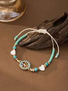 Pulseira ajustável estilo boêmio verde menta com pingente de coração, árvore da vida, acessório versátil para praia/férias