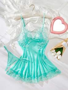 Atmosphere Green Lace Edge Robe Two Piece Set - Sexy And Comfortable Sleepwear - Suitable For Women - Perfect For Date Nights And Underwear Parties - Encounter Romantic Atmosphere - Inject Unique Luxury Into The Overall Look - Ideal Gift For Her - màu xanh lá - Xem 1