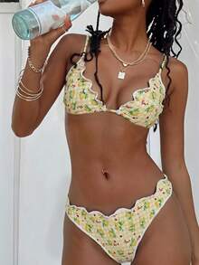 Women's Casual Cute Yellow Printed Bikini Set - Yellow - View 4