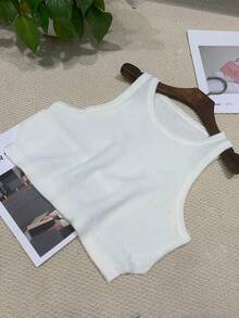 Women's Minimalist Solid Color Cropped Knit Tank Top - 白色 - 查看 7