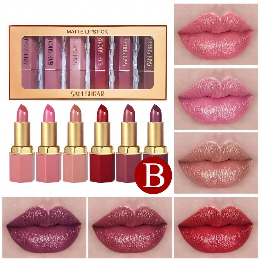 SAM SUGAR 6-Piece Matte Pearlescent Lipstick Set Box, Long-Lasting And Easy-To-Color Velvet Moisturizing Lipstick Makeup Set Gift Set - Multicolor - View 1