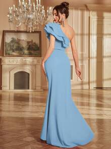 High Slit Wedding Party Guest Dress With Pearl Decor Backless Ruffle Hem Slim Fit Cocktail Dress, Spring/Summer, Elegant - Baby Blue - View 3