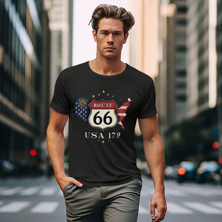 Route 66 USA 1779 T-Shirt - Classic American Road Trip Tee, Vintage Patriotic Design, 220g Cotton Comfort, Stars Stripes Graphic Tee For Men Women, Historic Route 66 Souvenir T-Shirt 0001 - Black - View 1