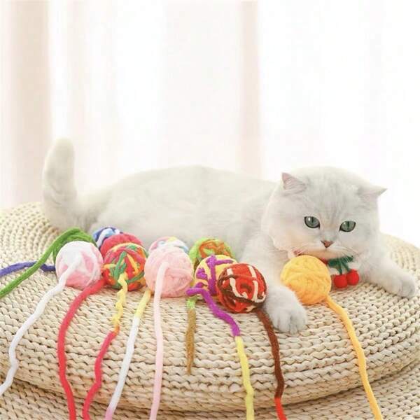 2pcs New Cat Toy With Tail Colorful Yarn Ball, Self-Entertainment Chewing Toy, Soft & Comfortable With Embedded Bell