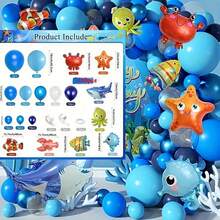 144 件海洋主题气球花环拱门套装，包括螃蟹、海星、海马、鲨鱼、小丑鱼、小龙虾、章鱼铝箔气球和蓝色等乳胶气球，非常适合生日派对装饰、装饰背景、淋浴装饰、卡通海洋世界主题派对用品 - 彩色 - 查看 10