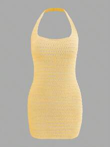Vestido de playa tipo body con cuello halter sin espalda, con lazo y recorte, para vacaciones de verano - Mostaza Amarilla - Ver 8
