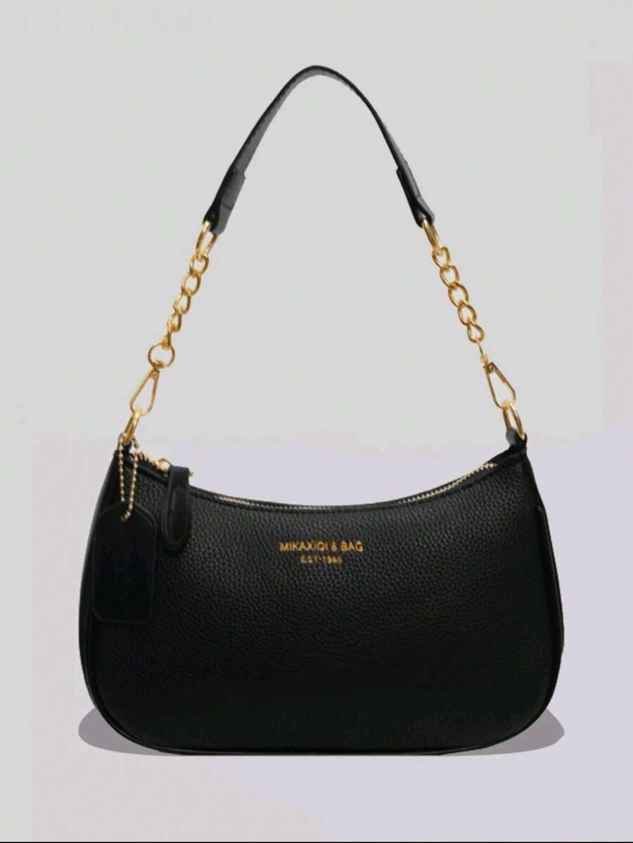 New Fashion Classic Versatile PU Waterproof Fabric M Letter Pattern Shoulder Bag, Printed Design Metal Chain Decoration Design French Baguette Bag, Women's Shoulder Bag Suitable For Shopping. Commuting, Travel Use