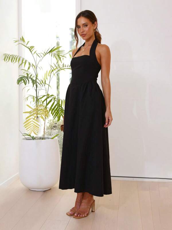 Nowość Sukienka z kwadratowym kołnierzykiem i ściągaczem w talii, z odkrytymi plecami dla kobiet