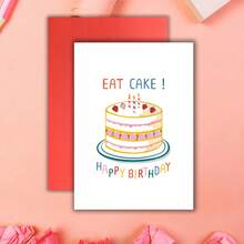 1 张趣味生日贺卡，带信封 - “吃蛋糕！”设计，彩色草莓和蛋糕插图，非常适合家人、朋友、同事 - 英语语言、生日派对装饰、学校用品、返校