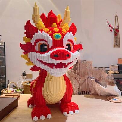 10.000 piezas de bloques de construcción con diseño de dragón llameante - Juguetes de bloques de construcción de gran modelo de la serie del Año del Dragón - Rompecabezas de animación de dibujos animados - Juguetes de descompresión para adultos - Regalo de Navidad - Regalo de Halloween - Regalo de cumpleaños