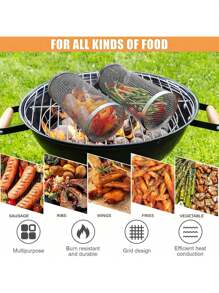 1 pièce Cage de gril de barbecue en acier inoxydable, panier de grill rotatif, filet de cuisson de barbecue portable, filet de barbecue circulaire pour légumes, frites, poisson, crevettes, convient pour les paniers de barbecue d'extérieur, les grils de barbecue de camping d'extérieur, l'équipement de pique-nique de camping, les petits accessoires de cuisine, avec des crochets anti-brûlure