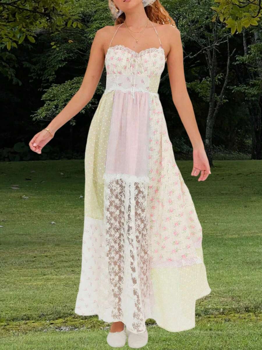Boho Maxi Dresses For Women Summer Backless Cami Long Dress Vintage Floral Printed Lace Patchwork Spaghtti Strap Dress Color Block Flowy A-Line Casual Sundress Beach Vacation Dresses Clothes Outfit - 黃色 - 查看 1