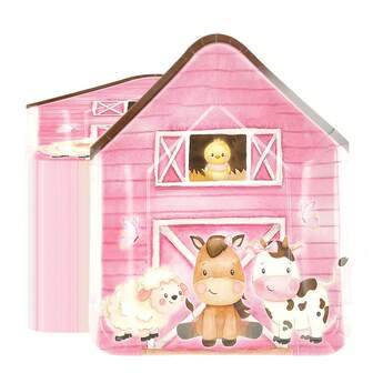 Juego de vajilla para fiesta de temática de granja, incluye 10 piezas/20 piezas/50 piezas de platos rosados con diseños de animales de granja para decoración de fiesta de cumpleaños de temática de granja, incluye platos de postre y platos de cena