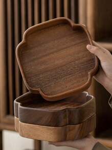 1pc Wooden Bowl, Creative Walnut Wooden Fruit Bowl With Handle, Wooden Cartoon Snack Tray