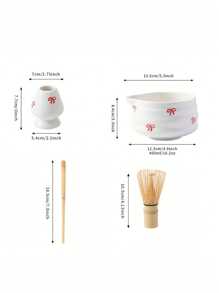 1pc/2pcs/4pcs/5pcs Cherry Blossom & Matcha Bowls Set, Japanese Tea Set Includes Matcha Bowl With Spout, Bamboo Matcha Whisk, Matcha Scoop, Whisk Stand, Stainless Steel Sieve, 5-Piece Perfect Matcha Set Back To School