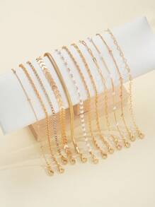 16/12pcs Set Minimalist Heart Faux Pearl Rhinestone Snake Chain Bracelet Set For Women, Suitable For Date, Vacation, Gift, Daily Matching, Party Outfit