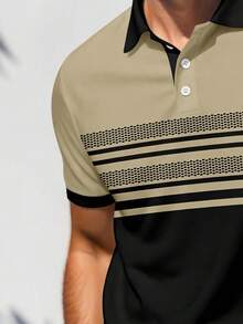 Men's Business Casual Patchwork 3D Graphic Polo Shirt And Shorts Set, Fashion Summer Holiday Sport Outfit, Plus Size