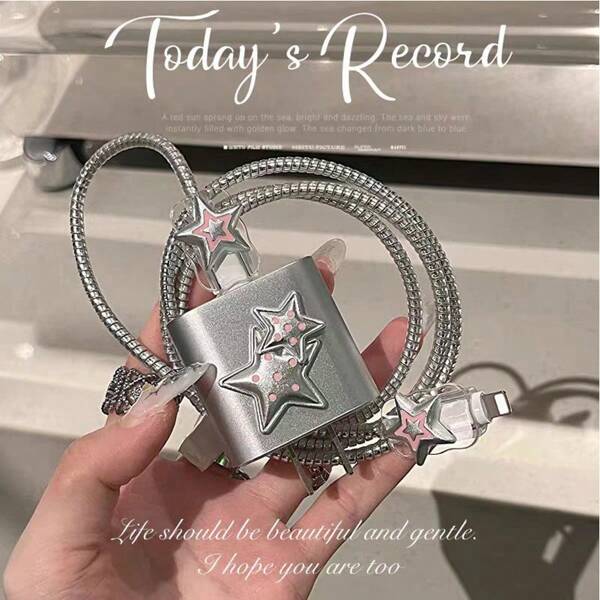 5pcs/Set Pink Polka Dot & Silver Star/Black & White Silver Star Design Cable Protector Sleeve Compatible With IPhone, Suitable For 18-20W Charger, Anti-Breakage & Anti-Scratch