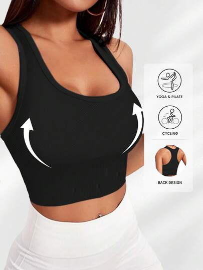 Sujetador deportivo básico sólido de punto acanalado, sujetador deportivo sin aros de acero a prueba de choques con recogida para mujeres, ropa deportiva para mujeres