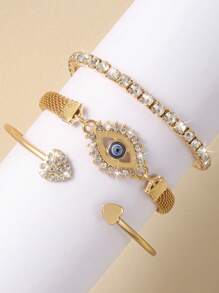 Set de 3 pulseras con diseño geométrico de ojo de demonio, adecuado para el uso diario de las mujeres, fiestas, joyas de multi capa vintage con cuentas como regalo