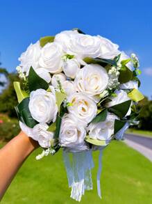 1 Stück Braut/Brautjungfer Rosenstrauß, Seidige Schleife & Künstliche Perlenrose, romantisches Hochzeits-/Valentinstagsgeschenk, Bridal-Shower/JGA, Hochzeitszeremonie Fotorequisiten, Jahrestags-Antrag