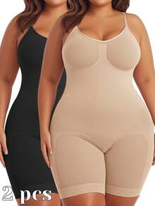 VVX [Plus Size] Solid Color Shapewear Bodysuit, Tummy Control Butt Lifting Shaper Romper, Seamless Thigh Slimmer Body Shapewear - Black/Skin Color - View 1