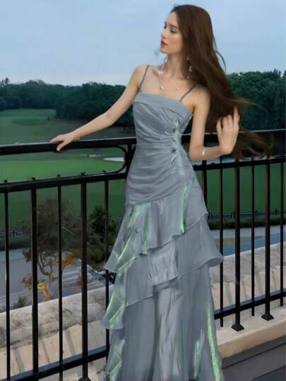 Women's Elegant Spaghetti Strap Prom Dress Autumn Vintage Chic Party Birthday Wedding Guest