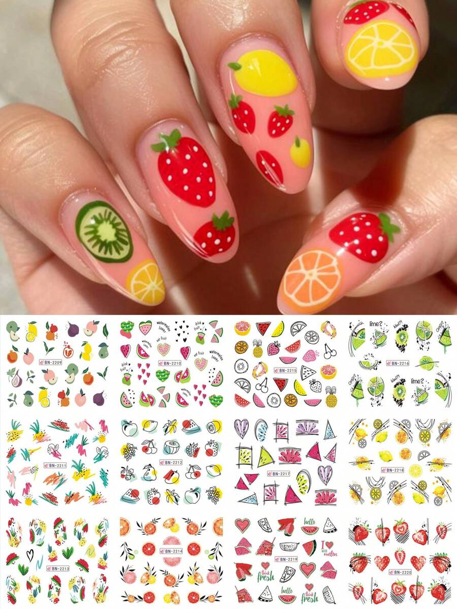 1 Stück 12 Design Sommer Nägel Cartoon Frucht Party Abstrakte Linie Nagel Wasser Aufkleber, Aquarell Wassermelone Zitrone Orange Scheiben Erdbeere Abziehbilder Wassermarke Charm Dekoration (ohne Klebkraft)