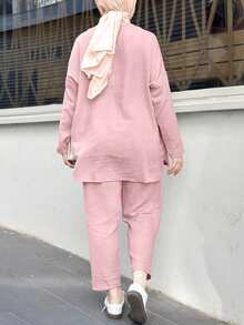 圣诞节宽松休闲中东阿拉伯风格落肩纯色两件套女装，圣诞节服装，新年派对服装，优雅女士套装，休闲女士套装，节日服装，冬季服装，春季粉色 - 粉色 - 查看 3