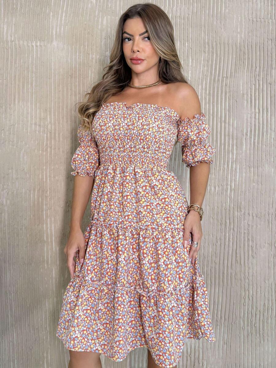 Short Lastex Dress/Short Sleeve/Off-Shoulder/Floral/Print/36-42/Women - 111-vERMELHO - View 1