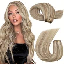 Genius Weft Human Hair Extensions Salon Quality Seamless Sew In Hair Extensions S27/613 Straight Hand Tied Invisible Genius Weft 50G - S27/613 - View 1