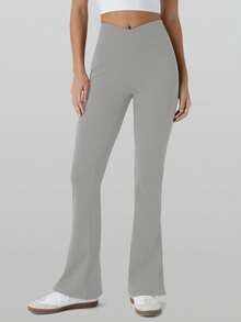 RUNONWHEELS 5 女式喇叭紧身裤，无前缝喇叭瑜伽裤，收腹交叉高腰阔腿提臀 - 淺灰色 - 查看 6