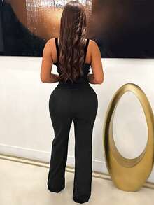 V-Neck Sleeveless Slim Jumpsuit Fashion Women's Casual Sexy Trousers - Black - View 2