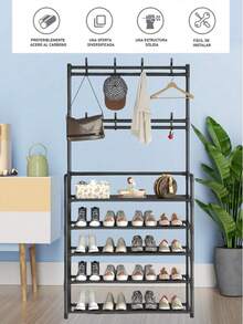 Estantería apilable y organizador de zapatos metálico multiusos con 4/5 niveles para 18 pares de zapatos, con armario para ropa, estantería para zapatos con casilleros para sombreros y abrigos, estantería de entrada para múltiples almacenamientos