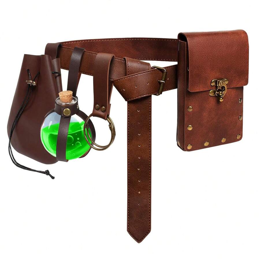 5 PCS Belt Pouch Waist Bag Retro Medieval Viking Leather Belt Magic Potion Bottle Renaissance Halloween Cosplay Costume Sets - A - View 1