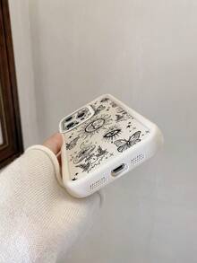 1 pieza Funda de teléfono elegante y simple con patrón de línea de luna y mariposa en lente de arena beige, Body completo a prueba de golpes, grueso TPU, compatible con iPhone/Redmi/VIVO/OPPO, versión internacional a prueba de agua, resistente a caídas y arañazos, no la versión nacional - Beis - Ver 4