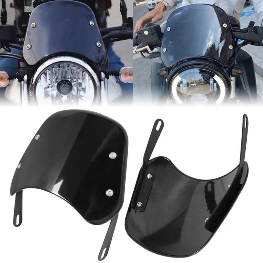 Para  Kawasaki Suzuki Cafe Racer Para Harley Motocicleta Universal Parabrisas Negro Deflector de Viento Parabrisas Carenado - Negro - Ver 1