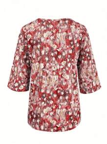 Camiseta con cuello en V y estampado floral, top de 3/4 de manga para vacaciones y uso diario, ropa de mujer