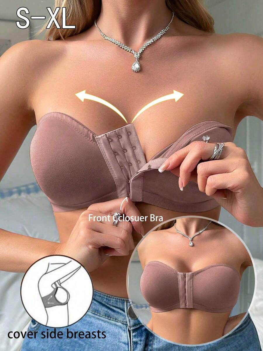 前扣式无肩带女士文胸，无钢圈，柔软舒适内衣 - 棕色 - 查看 1