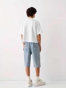 Pantalones cortos vaqueros casuales con cordón en la cintura, holgados para el tiempo libre y vacaciones en verano, para hombres - Azul - Ver 2