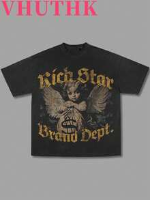 VHUTHK (180 Pure Cotton T-Shirt) Letter 'RICH STAR' And Portrait Print For Men's Summer Round Neck Short Sleeved Casual Pure Cotton Print - Black - View 1