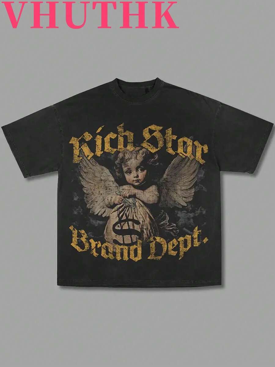 VHUTHK (180 Pure Cotton T-Shirt) Letter 'RICH STAR' And Portrait Print For Men's Summer Round Neck Short Sleeved Casual Pure Cotton Print - Black - View 1