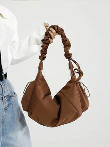 1 件尼龙面料多口袋饺子包，女士休闲褶皱抽绳斜跨单肩包，柔软休闲波西米亚风格斜挎包 - 鏽棕色 - 查看 7