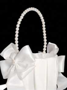 1/2pcs White Faux Pearl Wedding Flower Basket - White Bow Flower Basket, Satin Flower Basket, Suitable For Wedding Party Decoration, New Year Gifts, Decorative Gifts