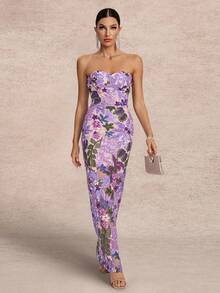 Elegant Sequin Zipper Backless High Slit Party Dress, Suitable For Wedding Guests