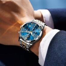 OLEVS. OLEVS Watches For Men Business Dress Luxury Casual Chronograph Multifunction Analog Quartz Stainless Steel Waterproof Luminous Moon Phase Date Men Wrist Watches Reloj Para Hombre - 藍色 - 查看 4