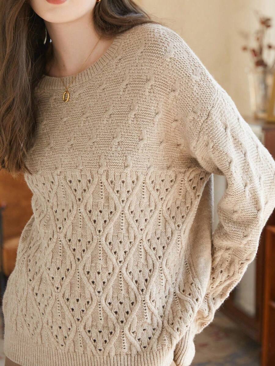 Knit Mix Áo len dệt kim mùa thu/đông, kiểu Pháp, cổ tròn tay dài, màu trơn, dáng rộng, dáng suông, dành cho nữ (Họa tiết ngẫu nhiên)